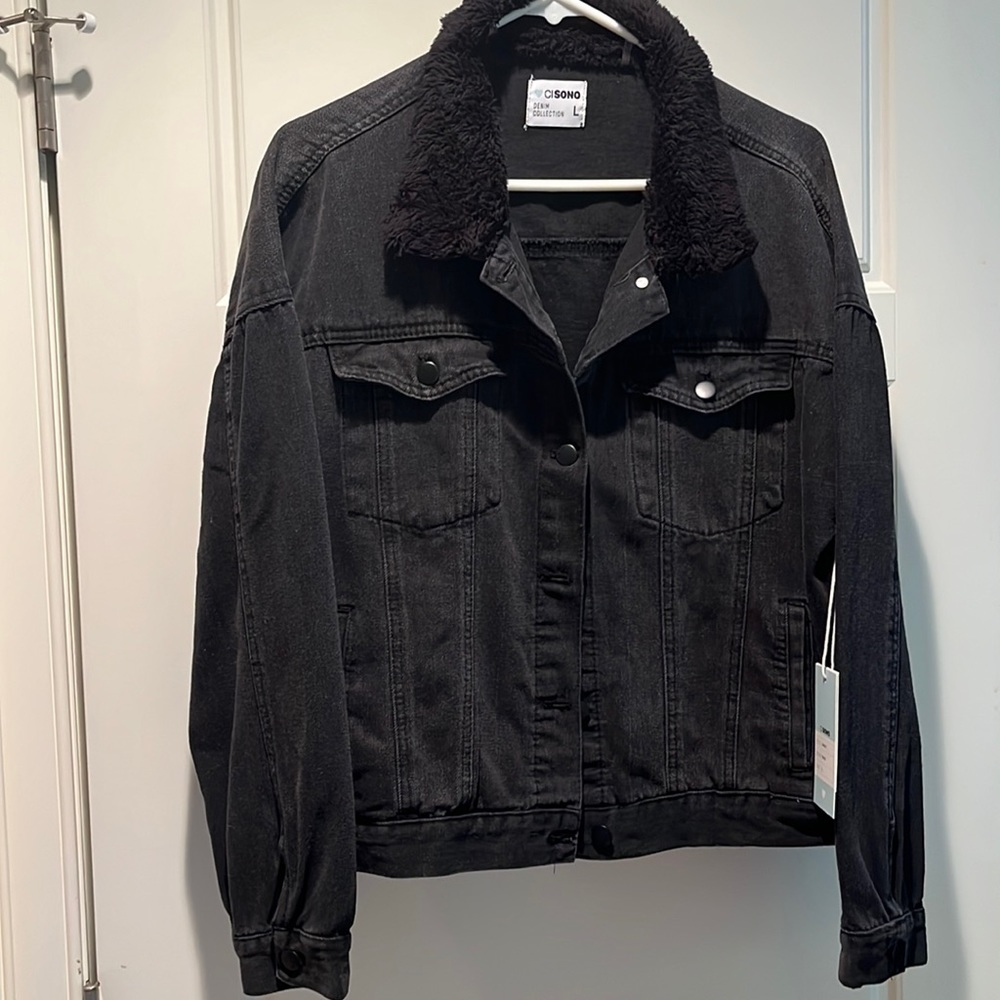 CISono Black Denim Jacket with Fleece Collar NWT